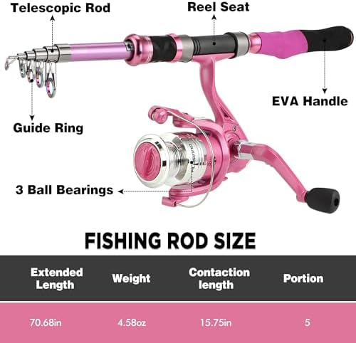 Fishing Rod and Reel Combos, Fishing Gear Gifts for Women with Spinning Reel, Lures, Line, Pink Ladies Telescopic Pole Kit Designed for Girls Adults by PLUSINNO - Image 2