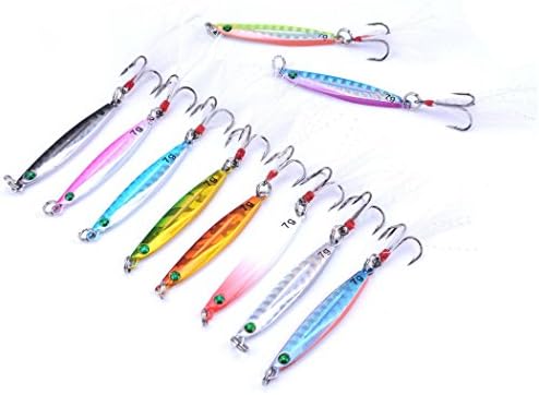 Aorace 10pcs Hard Metal Jigs Diving Sea Fishing Lures Minnow Popper Baits Tackle Crankbait Saltwater Freshwater Lures with Feather by Aorace