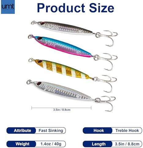 UMT 40g 60g Casting Jig for Sea Bass, Fluke, Porgy, Tautog - Set with Super Sharp Treble Hook, Multi-Colors - Saltwater & Freshwater Compatible Available in Single, 5, 10 Packs - Image 4