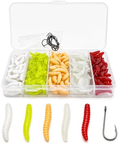 160PCS Ice Fishing Soft Plastic Worm Baits Kit, 5 Bright Colors Mini Soft Fishing Lures with 10 Hooks for Crappie, Trout, Bluegill, Perch & Panfish, Ice Fishing Jig Bait Set for Winter Fishing by QEEGO