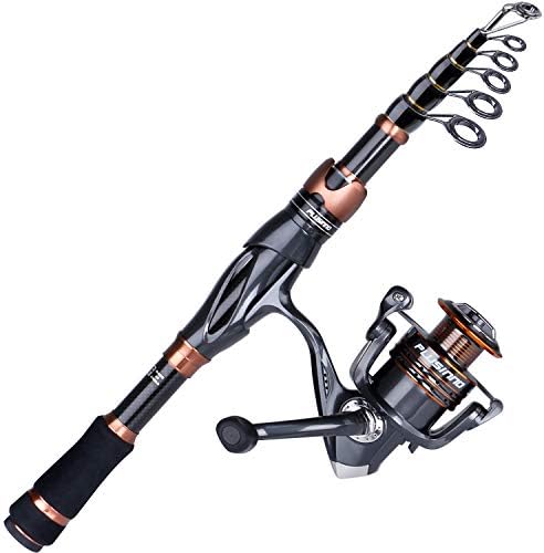 PLUSINNO Fishing Rod and Reel Combos, Bronze Warrior Toray IM6 Carbon Matrix Telescopic Fishing Rod Pole, 12 +1 Shielded Bearings Stainless Steel BB Spinning Reel, Travel Freshwater Fishing Gear by PLUSINNO