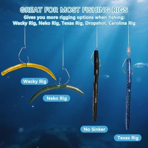 133Pcs Wacky Worm Bass Fishing Lures Kit with Soft Plastic Baits, Weedless & Offset Worm Hooks, Wacky Rig Tool, O-Rings, Sinkers - Image 3