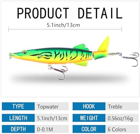 Whopper Fishing Lure for Bass Popper Top Water Fishing Lures with Floating Rotating Tail Barb Treble Hooks in Saltwater Freshwater Plopping Lures Kit - Image 3