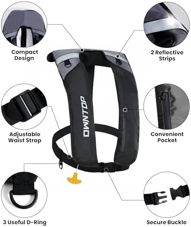 Owntop Manual Inflatable Swim Jacket, D-Ring Attachment, Storage Pocket with Zipper, 24g CO2 Cylinder Included, Low Profile for Kayak, Fishing, Paddle Sports - Image 3