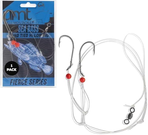 UMT Sea Bass Hi/Lo Saltwater Fishing Rigs 1, 5 &10 Pack, 3/0 Bait Hook, 60lb Heavy Duty Mono, 80lb Swivel & Sinker Loop, Hand Tied for Fluke Porgy Snapper Croaker Sea Trout Tautog Spot Pompano by UncleMosTackle