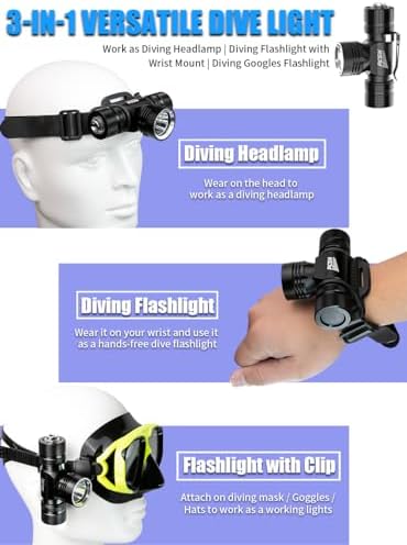 Diving Headlamp Scuba Dive Light - PFSN 3IN1 Dive Headlight 1200 Lumens, IP68 Waterproof 80m Underwater Headlamp for Diving, Diving Flashlight Best for Diver (Included 2X Rechargeable Batteries) - Image 4