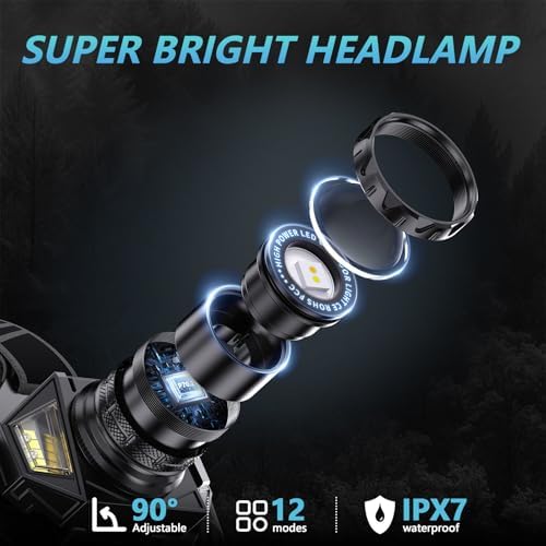 LED Headlamp Rechargeable, 99000 Super Bright White/Red/Warm Light Head Lamp with Motion Sensor & 95H Runtime & IPX7 Waterproof,90° Adjustable Headlight for Outdoor, Hard Hat - Image 2