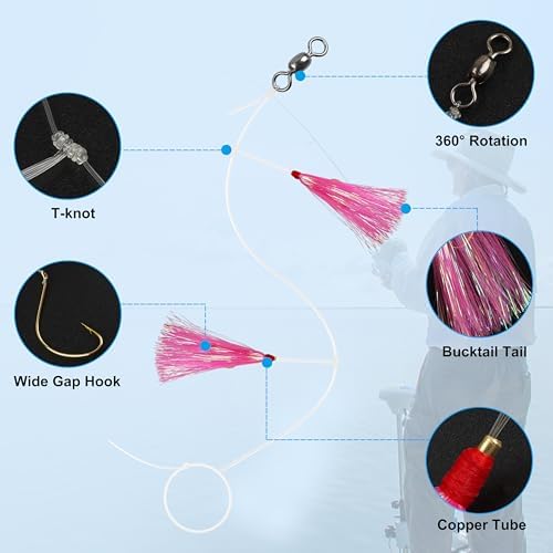 Flounder Rigs for Saltwater Fishing, 6pcs Fishing Bait Rigs with Mylar Bucktail Teaser Hook Pr-Rigged Fishing Rigs for Surf Ocean Flounder Sea Bass Halibut Fishing - Image 2