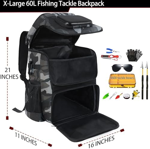Fishing Backpack with Rod Holder X-Large 60L Tackle Gears Bag with Cooler for Storage Tackle Box and Fishing Accessories Stuff, Fish Gifts for Men Woman-Gray Camo - Image 2