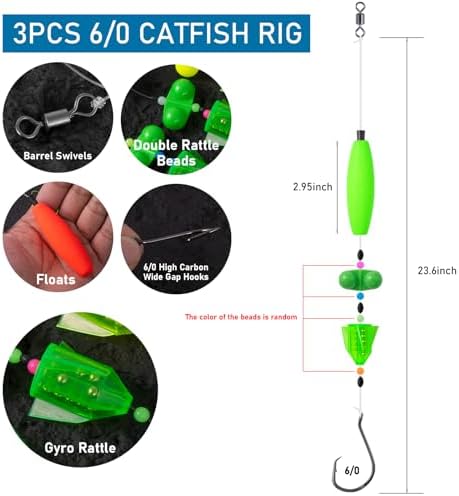 3Pcs/6Pcs Catfish Fishing Rigs Ready Kit，2 in 1 Rotating rattles/Double Rattles Beads, Float Rigs Tackle Santee Rig Peg Catfish，Free Adjustment in freshwter and Saltwater - Image 4