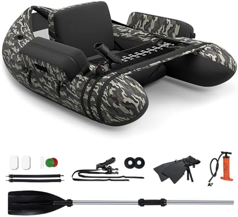 GYMAX Fishing Float Tube, 350lbs Inflatable Fishing Boat with Paddle, Pump, Flippers, Fish Hook Stators, Fish Ruler, Storage Pockets, Portable Backpack Belly Boat for Adults Fishing by GYMAX