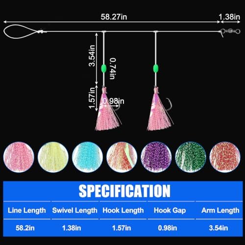 Fishing Bait Rigs Saltwater Set, Flounder Fluke Hi-Lo Rig with Flash Teaser 2 Hook Bottom Fishing Rigs Mackerel Rigs for Halibut Sea Bass Cod Rockfish Surf Pier Ocean Fishing - Image 4