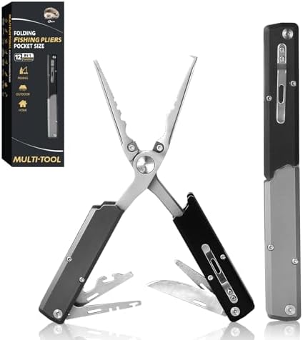 12-in-1 Folding Fishing Pliers, Compact Saltwater Fishing Tool with Braid Cutter, Hook Remover, Split Ring Opener, Stainless Steel Fishing Gear Gift for Men by Unknown