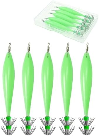 Avlcoaky Luminous Squid Jig Saltwater Squid Lure 5pcs/Box Squid Bait with Double Layer Hooks & 360° Swivel Umbrella Hooks Jigs Glow in the Dark Fishing Lure for Calamari, Cuttlefish, and Octopus by Avlcoaky