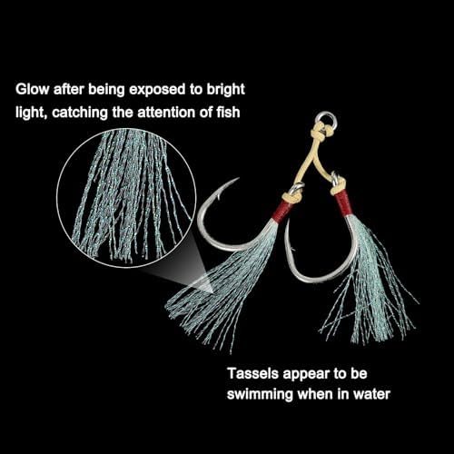 PATIKIL Fishing Assist Hooks Kit, Double Assist Jigging Hook with Glow Tassel for Slow Pitch Jigs Vertical Jigging Lure - Image 4