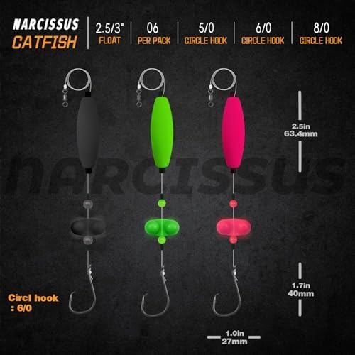 Narcissus Catfish Rigs Set – 6 Pre-Tied Rigs with 2 Sinker Sliders & 2oz Pyramid Sinker, Float Rigs Tackle, Santee Rig, Circle Hooks 6/0 – Complete & Ready-to-Use Kit - Image 2