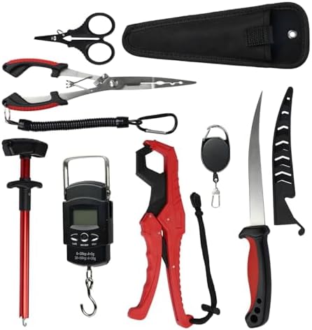 RAWILL Fishing Kit,Filleting Knife,Hook Remover,Fish Grip, Line Cutter,Fishing Scale, Pliers with Lanyards,Not Include Batteries by RAWILL