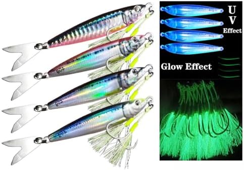 4PCS Long Cast Slow Pitch Vertical Jigs Saltwater Artificial Fishing Lure UV Glow Jig Metal Spoons Hard Jigging Bait with Glow Skirt Assist Hooks Fast Fall Jigs for Tuna Salmon Bass Kingfish by Feianoto
