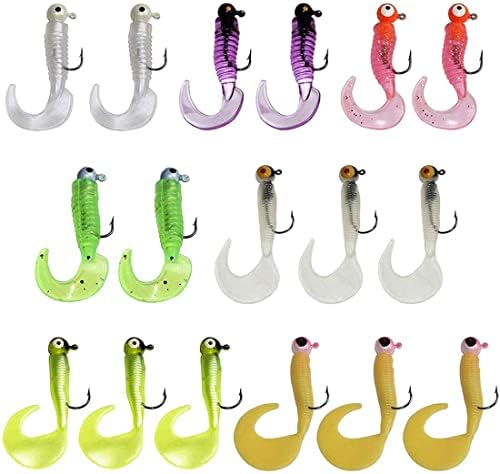 Soft Fishing Lures Jig Head Hooks Kit, Crappie Jigs Lures Kit Mixed Curly Grub Lures Tube Baits Soft Plastic Swimbaits for Bass Trout Panfish Saltwater Freshwater Fishing by OROOTL