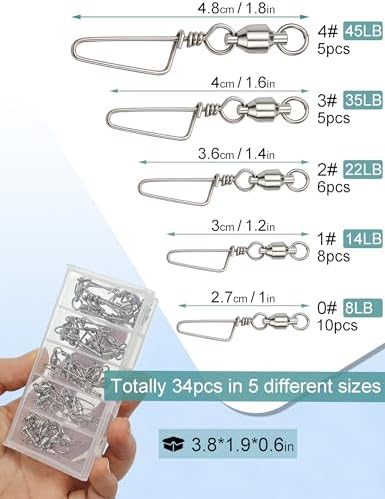 Avlcoaky Ball Bearing Swivels Snaps Fishing Swivels 34pcs/box Heavy Duty Snap Swivel Saltwater Barrel Swivel Fishing Tackle Quick Change Lure Clips Terminal Tackle Assortment for Redfish, Striped Bass - Image 6