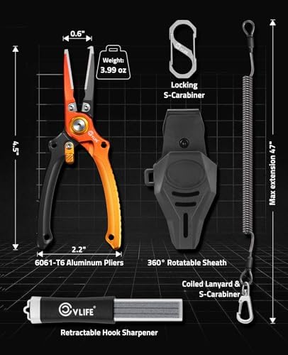 CVLIFE Fishing Pliers, Saltwater Hook Remover Kit, 7.5 Inch Aluminum Split Ring Pliers for Fishing with 17-4 PH Stainless Steel Jaws, Sheath, Tungsten Cutters Hook Sharpener & S-Carabiner - Image 5
