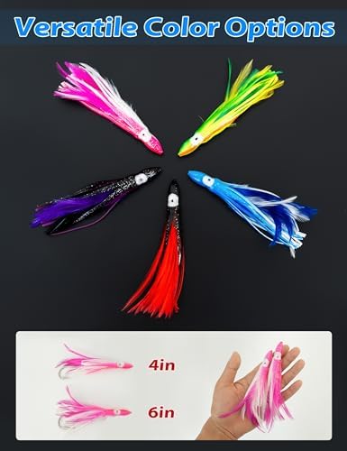 BLUEWING 5 Pack Tuna Feather Squid Lure Set Fishing Teaser with 4in/6in Feathered Trolling Octopus and Stainless Steel Hook for Mahi Wahoo Marlin Big Game - Image 3