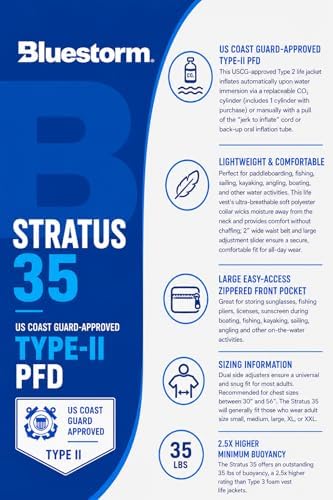 BLUESTORM Stratus 35 Inflatable Life Jacket PFD for Adults | US Coast Guard (USCG) Approved Automatic Self Inflating Life Vest Preserver with Manual Ripcord - Image 5