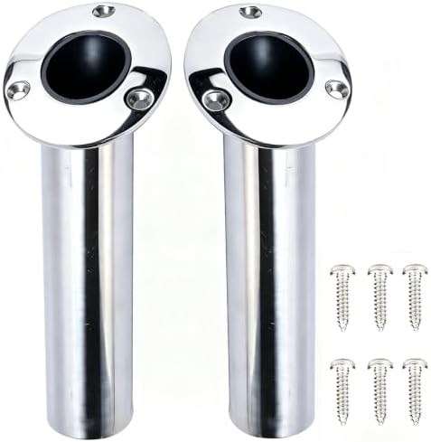 Amarine Made (Set of 2) Heavy Duty Stainless Steel 316 Deluxe Rod Holders with Drain, Flush Mount Fishing Rod Pole Holders, 15 Degree by AmarineMade