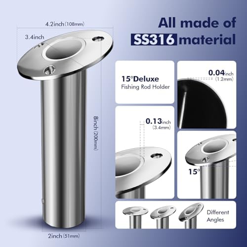 2Pcs Rod Holders for Fishing Boat, Heavy Duty 316 Stainless Steel Fishing Rod Pole Holder, Flush Mount, 15/30/90 Degree - Image 2