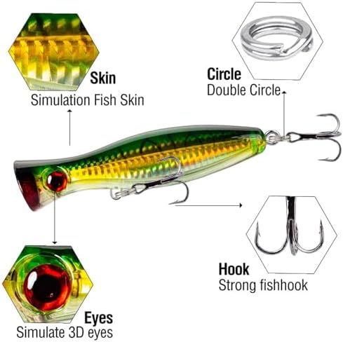 Top Water Popper Lures 4 Pack, 4.7" 3D Eye Saltwater Popper for Surf Fishing Bluefish Mackerel GT Tuna Kingfish, Weighted Steel Ball Balance Casting Lures with 2# Treble Hooks - Image 3