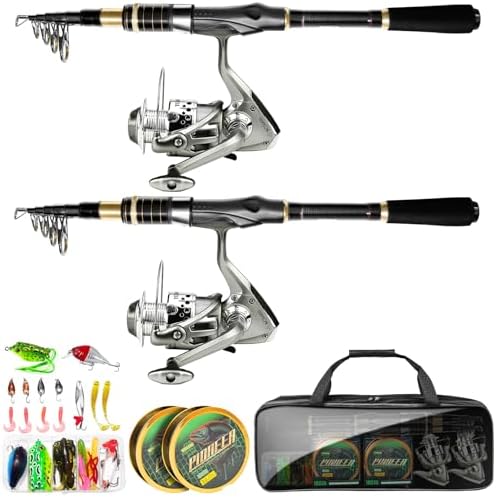 Fishing Pole and Reel Combo - 2PCS Carbon Fiber Telescopic Rods Spinning Reels Saltwater/Freshwater Kit with Lures, Line and Carrier Bag, Travel Fishing Gear for Adults by LuyianxiFishing