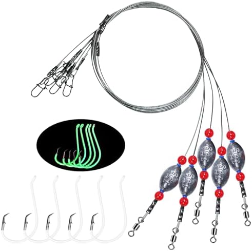 Fishing Egg Sinker with Soft Plastic Core Weight Rigs 5pcs Flounder Rig Saltwater,176.37lb Fishing Wire Leader with Egg Sinker Swivels Snap, Grouper Bottom Fishing Rigs by Fishing