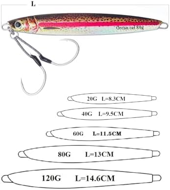 OCEAN CAT Long Casting Slow Fall Pitch Fishing Jigs Lures Lead Metal Flat Sinking Vertical Shore Jigging Bait with Assist Hook for Saltwater Freshwater Fishing 20g 40g 60g 80g - Image 2