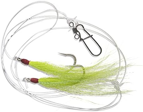 UMT Fluke Flounder Ocean Hi/Lo Rig – BUCKTAIL Teaser Hook for Saltwater – Size 5/0 Hook - 40lb Heavy Duty Mono 3ft Long - Black Duo-Lock Snaps - Hand Tied - Image 2