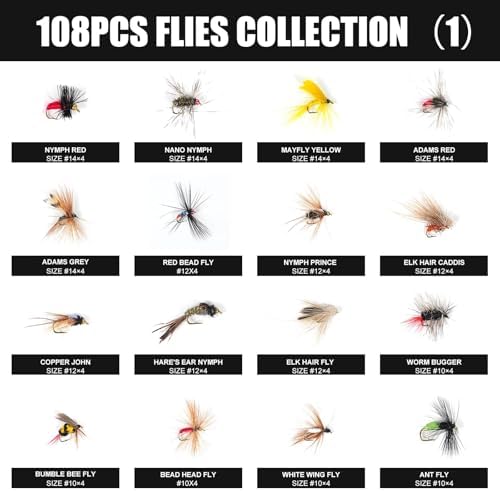 64/108pcs Fly Fishing Flies Assortment Kit for Trout Bass with Box - Image 2