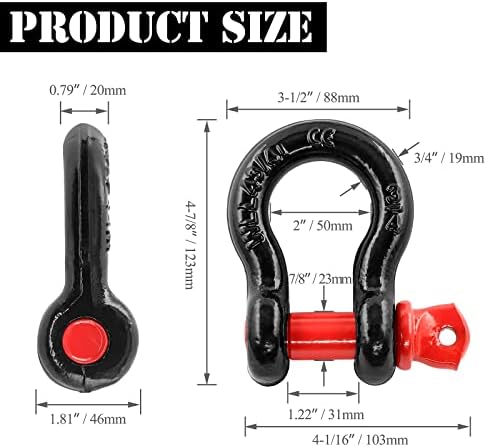 3/4" D Ring Shackle with 7/8" Screw Pin, 4.75T Working Load Limit (WLL) / 28.5T (62,831 lb) Minimum Breaking Strength (MBS) for Tow Strap Winch, Off-Road Vehicle Recovery (Black/Red, 2 Pack) - Image 4