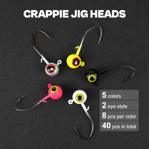40-Pack Crappie Jig Heads for Fishing - 5 Colors Kit for Panfish, Walleye, Bass 1/32, 1/16, 1/8oz - Image 3