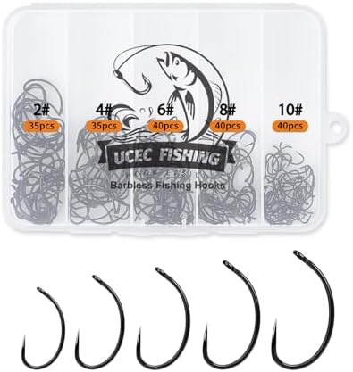 UCEC 190/220/260PCS Barbless Fishing Hooks, Carp Hooks Circle Curve Shank Fly Tying Fishing Hook Tackle Kit for Freshwater Saltwater Hair Rig Trout Size: 2# 4# 6# 8# 10# by UCEC