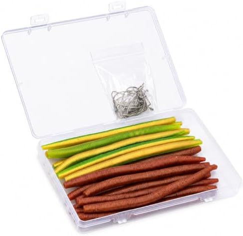 Soft Plastic Worm Fishing Kit, 5 Inch 0.25oz Stick Baits, 20pcs Double Color Segmented Worms (10 Each) with 20 Fishing Hooks, Scented Bionic Bass Fishing Lure Set by VICBOND