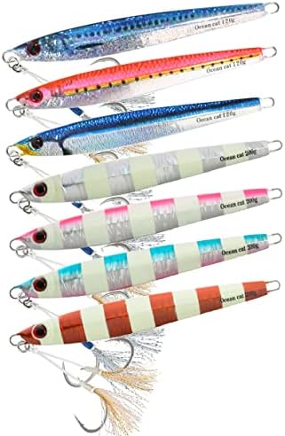 OCEAN CAT 1 PC Slow Fall Pitch Fishing Lures Sinking Lead Metal Flat Jigs Jigging Baits with Hook for Saltwater Fishing 4 Colors 160G/200G by OCEANCAT