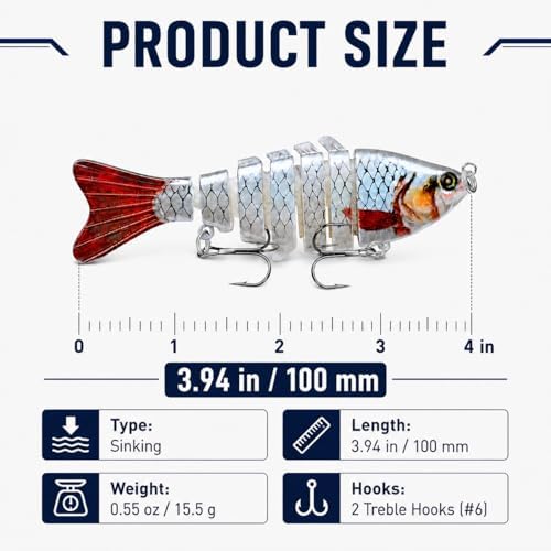 Rattling Fishing Lures 3 Pack, Multi-Jointed Swimbaits with Treble Hooks, Lifelike S-Swimming Hard Baits for Bass, Trout, Crappie & Perch - Image 5