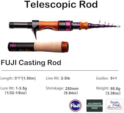 PURELURE Telescopic Fishing Rod Spinning & Casting Travel Rod Ultralight 5' - Image 2