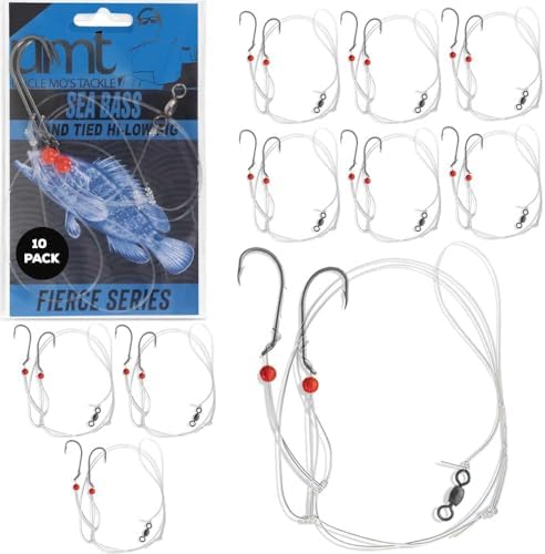 UMT Sea Bass Hi/Lo Saltwater Fishing Rigs 1, 5 &10 Pack, 3/0 Bait Hook, 60lb Heavy Duty Mono, 80lb Swivel & Sinker Loop, Hand Tied for Fluke Porgy Snapper Croaker Sea Trout Tautog Spot Pompano by UncleMosTackle