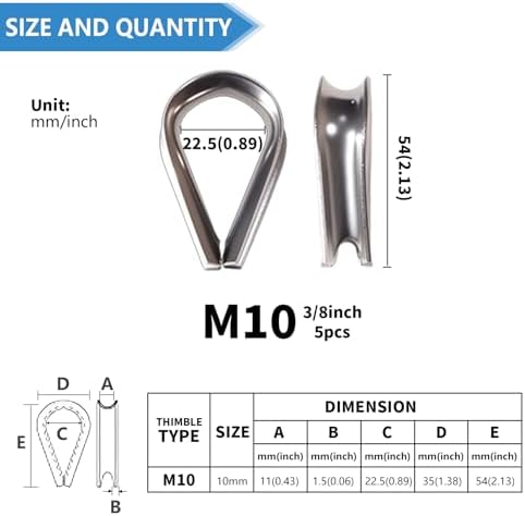 M10 3/8 Inch Wire Rope Thimble 3/8" Stainless Steel Thimbles for Wire Rope Cable Thimble Rigging (Pack of 5Pcs) - Image 2