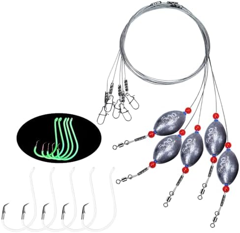 Fishing Egg Sinker with Soft Plastic Core Weight Rigs 5pcs Flounder Rig Saltwater,176.37lb Fishing Wire Leader with Egg Sinker Swivels Snap, Grouper Bottom Fishing Rigs by Fishing