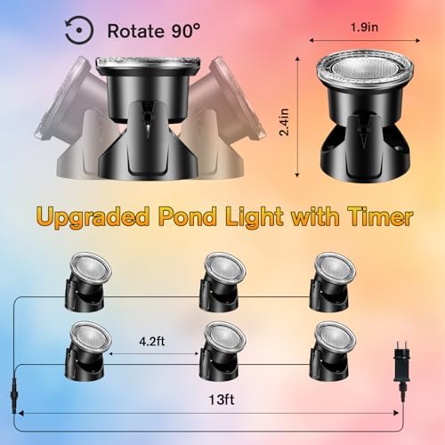 POPOSOAP LED Underwater Pond Lights 6-Head, IP68 Waterproof Pond Lights with Timer, 90° Rotatable Design & Gravity Base Fountain Lights for Pond Fountain Waterfall Aquarium Pool -P66HZ - Image 6