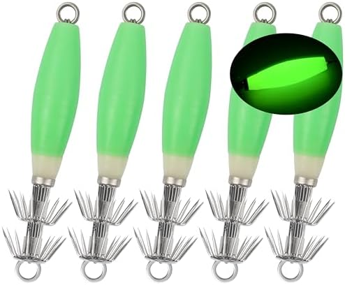 OROOTL Squid Jigs Saltwater Fishing Lures, 5/10pcs Glow Squid Jig Hooks Luminous Cuttlefish Sleeve Octopus Jig Baits Night Fishing Octopus Lures Set with Tackle Box by OROOTL