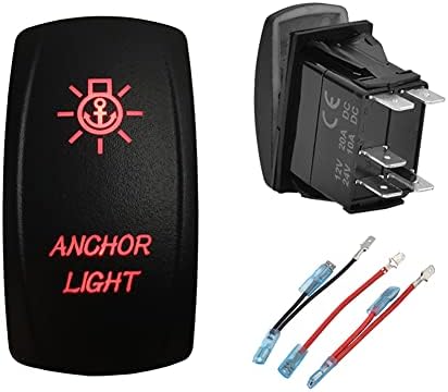 12V 24V RED Backlit Anchor Light Rocker Switch with Wires 5 PIN ON-Off Waterproof Toggle Switch for Boat Marine Yacht Ship IP66 by BACAUTOPARTS