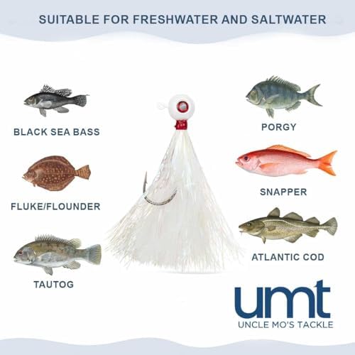 UMT Mylar Bucktail Fluke Ball Jighead for Saltwater Fishing 2oz, 3oz, 4oz - White - 6/0 Mustad Hook, 3D Eye – Flounder, Porgies, Sea Bass, Blackfish Tautog & Bluefish - Image 4