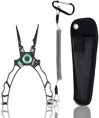 Fishing Pliers with Innovative Ergonomical Handle, Corrosion Saltwater Resistant,Fishing Multitool Hook Remover Braided Fishing Line Cutting, Split Ring with Coiled Lanyard and Sheath by YUMEOWL